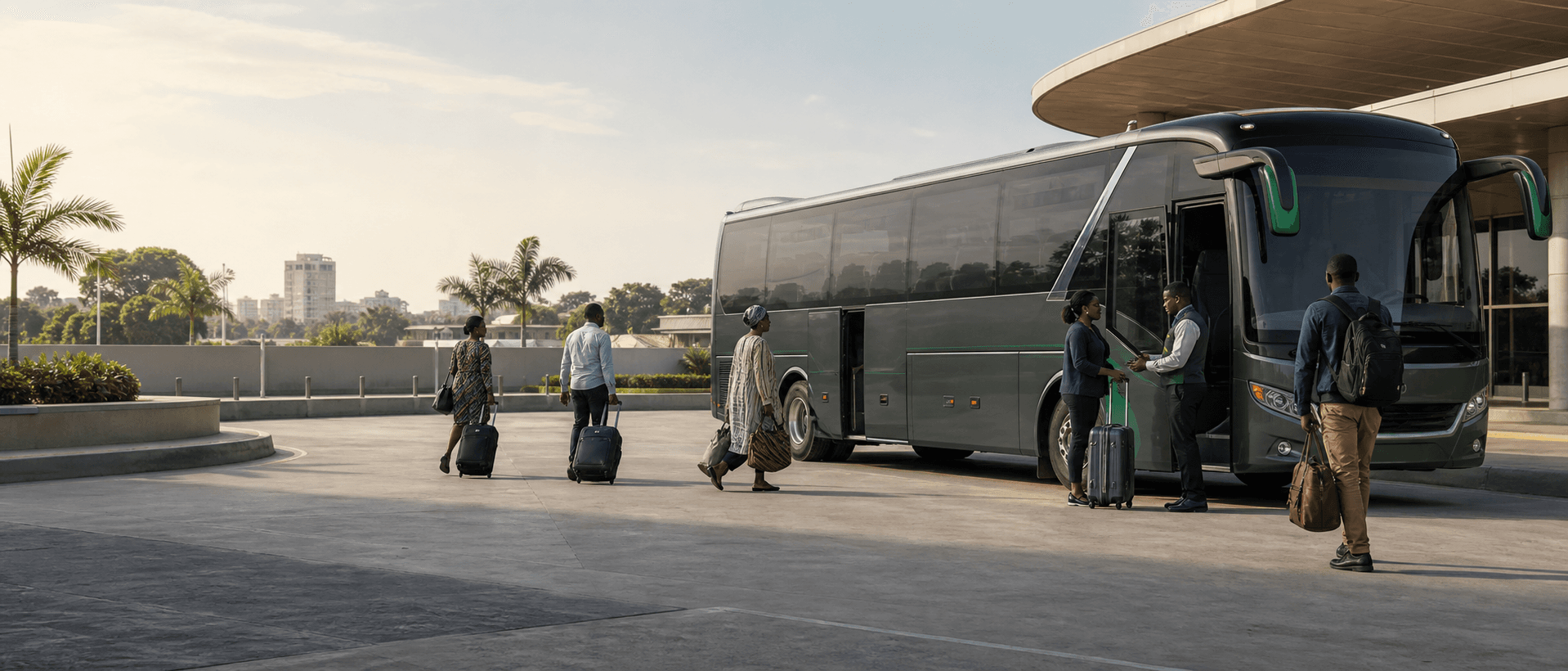 Voyageurs et autocar dans un terminal Kende